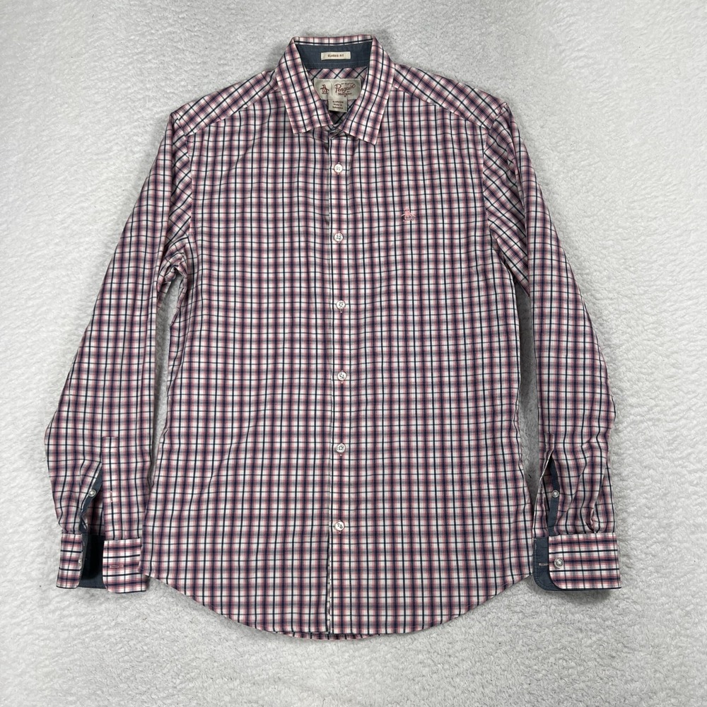 Penguin Shirt Mens Small Plaid Pink Button Up Plaid Long Sleeve Classic Fit Logo